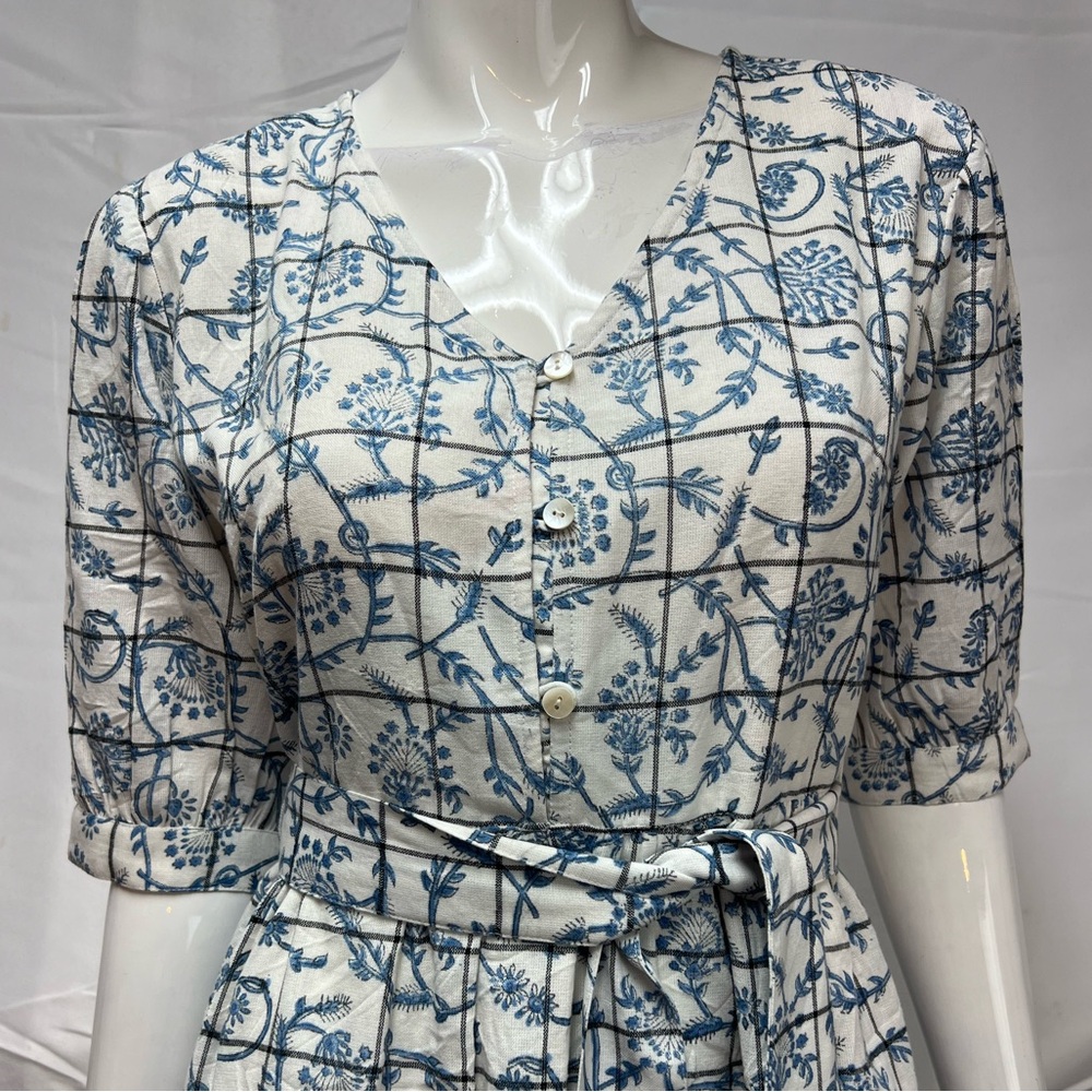Uncle Frank Small White Blue China Pattern Half Sleeve Belted Midi Dress Anthro - Picture 4 of 9